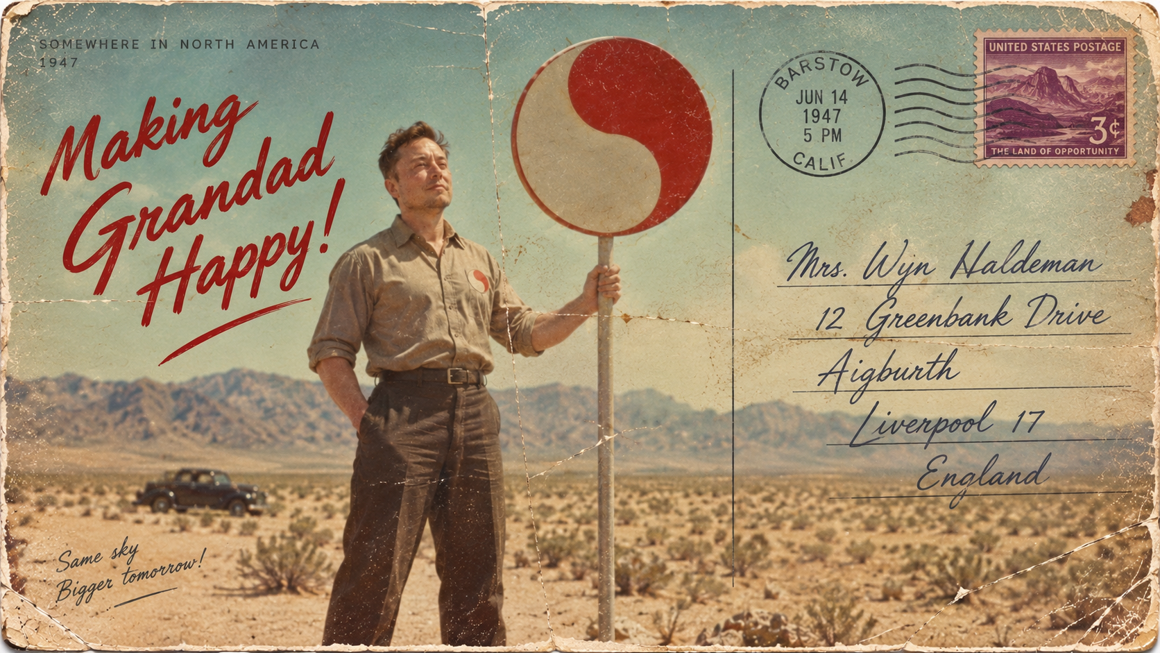 Vintage Elon postcard — Making Grandad Happy!