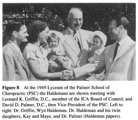 A 1949 printed photograph showing the Haldeman family at the Palmer School of Chiropractic.