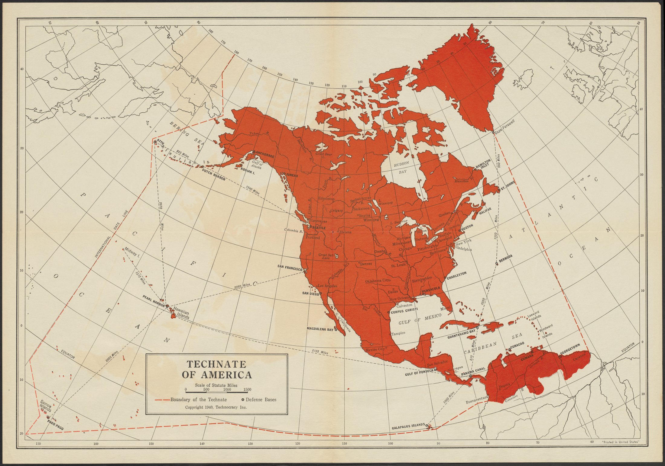 Large historical map depicting a proposed Technate across North America.